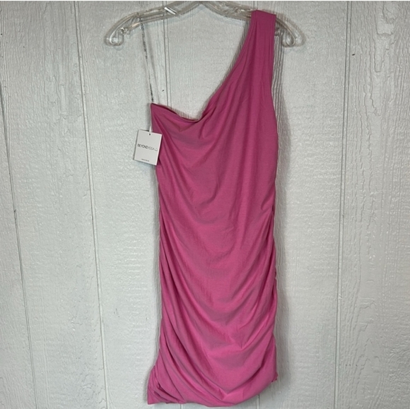 Nwt Beyond Yoga Spacedye Vibrant Pink One-Shoulder Stretchy Ruched Mini  Dress L - Picture 2 of 6